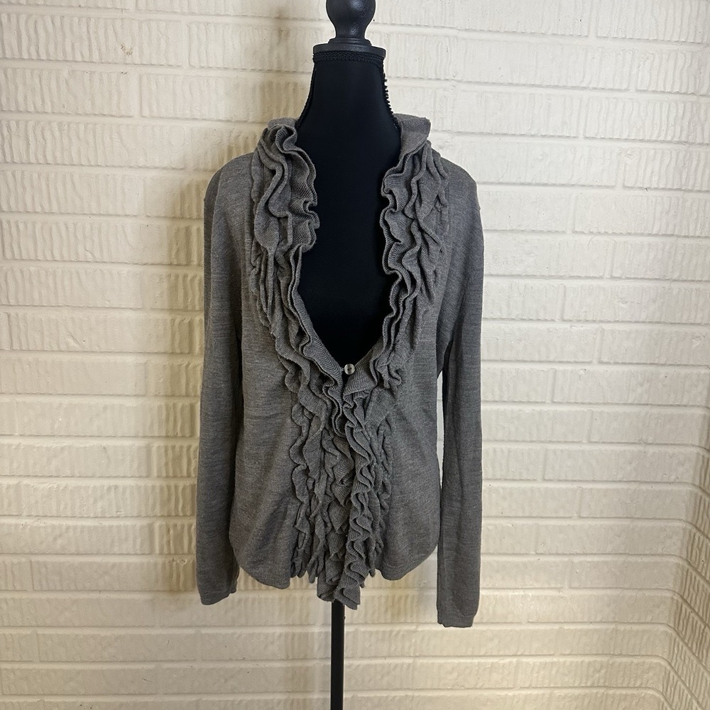 Garnet Hill Womens Sz M Open Front Cardigan Sweater Ruffle Gray 100% Merino Wool